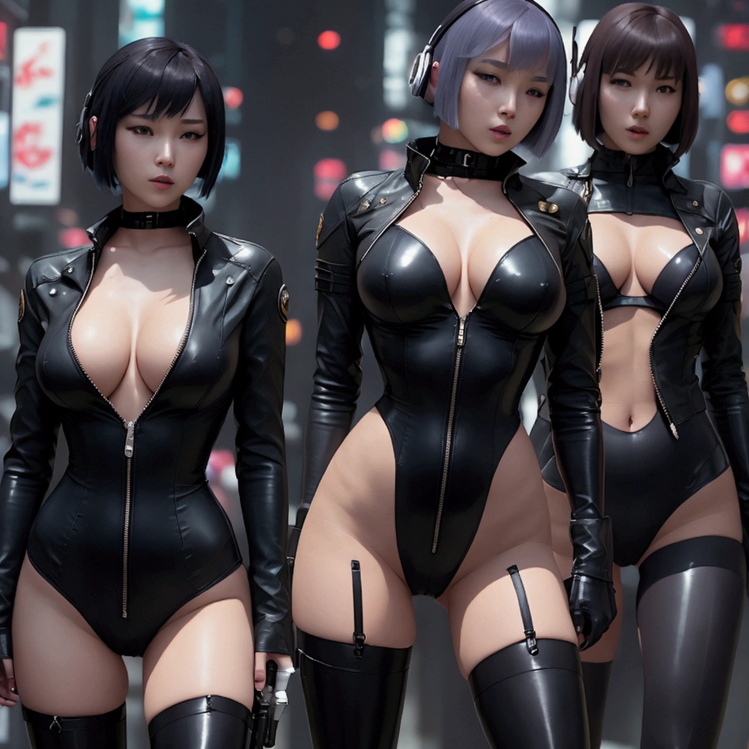High resolution photo of a woman、Beautiful woman in a bare-chested white leotard、Dark blue bob hair、bangs、stockings、High heel boots、Holds a gun from the future、Black leather jacket、ghost in the Shell、Motoko Kusanagi、City of the Future、Wear a belt around your waist、Future Soldier、