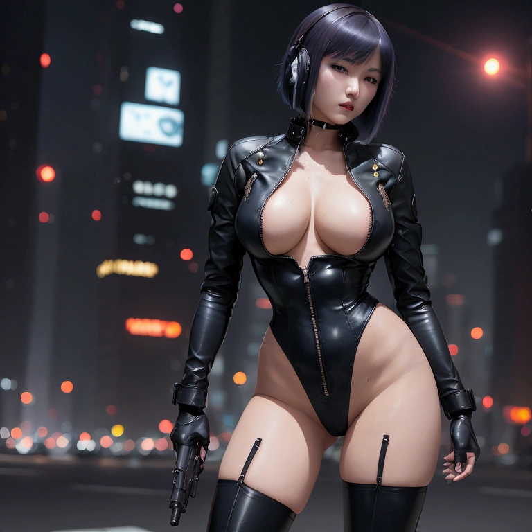 High resolution photo of a woman、Beautiful woman in a bare-chested white leotard、Dark blue bob hair、bangs、stockings、High heel boots、Holds a gun from the future、Black leather jacket、ghost in the Shell、Motoko Kusanagi、City of the Future、Wear a belt around your waist、Future Soldier、