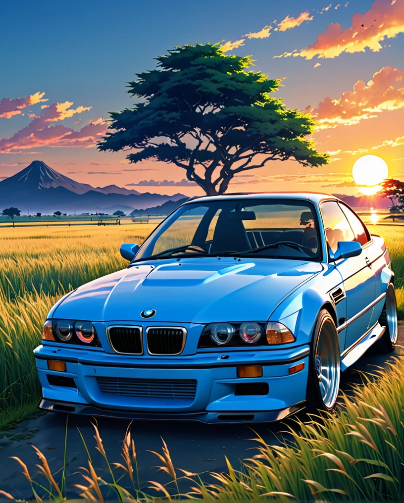 A classic BMW M3 E36 sports car in ABS blue、Anime scenery of a girl sitting in tall grass with a sunset in the background.Beautiful anime scene, Beautiful anime peace scenes, Makoto Shinkai Cyril Rolland, Beautiful anime scene, Awesome Wallpapers, Anime Art Wallpapers 8K, Anime Background, artistic Anime Background, anime wallpaper 4k, Anime Art 4K Wallpaper, Anime Wallpaper Art 4k,