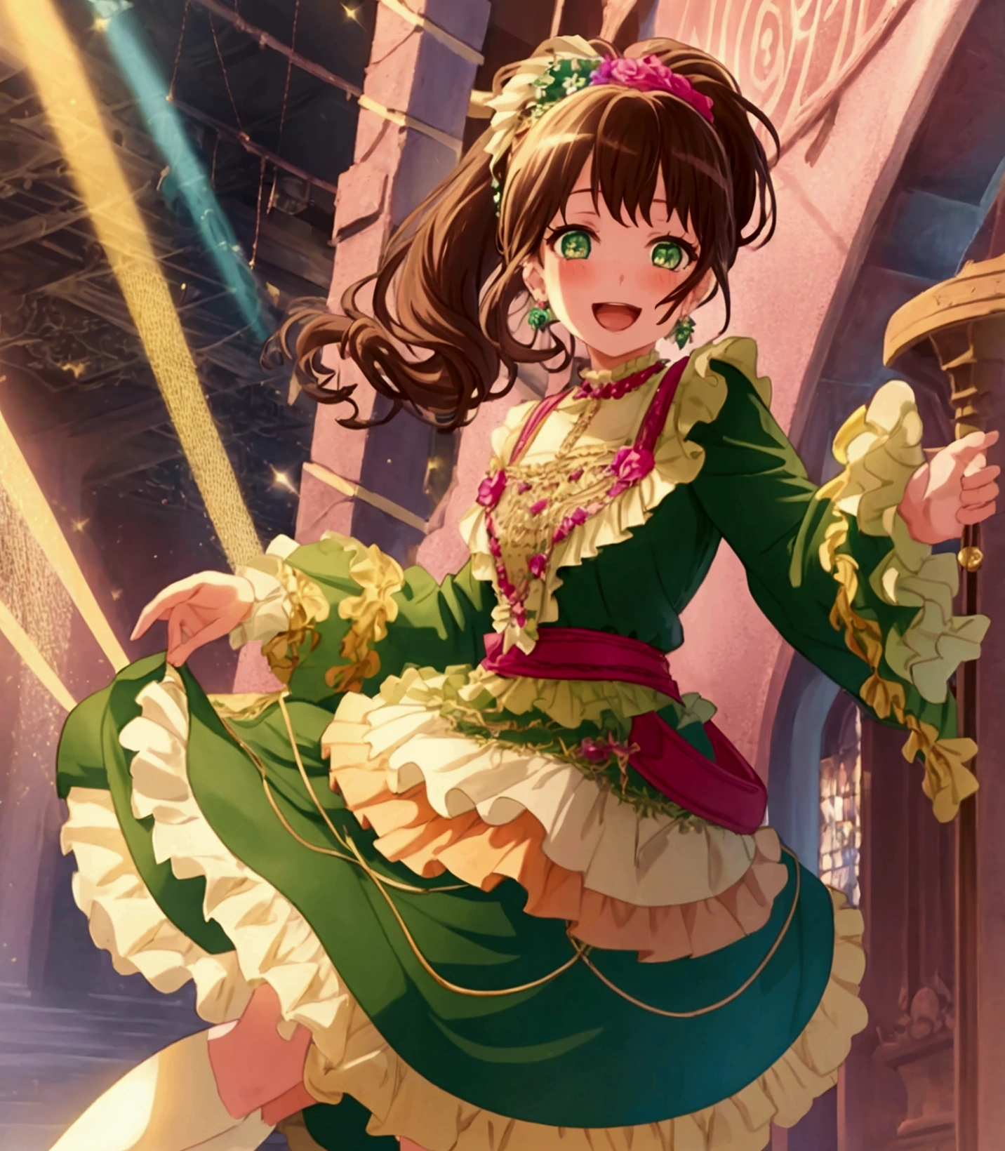 brown hair, long hair, bangs, smile, jewelry, blush, earrings, looking at viewer, green eyes, 1girl, solo, open mouth, dress, frills, instrument, long sleeves, hair ornament, flower, holding, ponytail