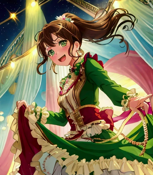 brown hair, long hair, bangs, smile, jewelry, blush, earrings, looking at viewer, green eyes, 1girl, solo, open mouth, dress, frills, instrument, long sleeves, hair ornament, flower, holding, ponytail