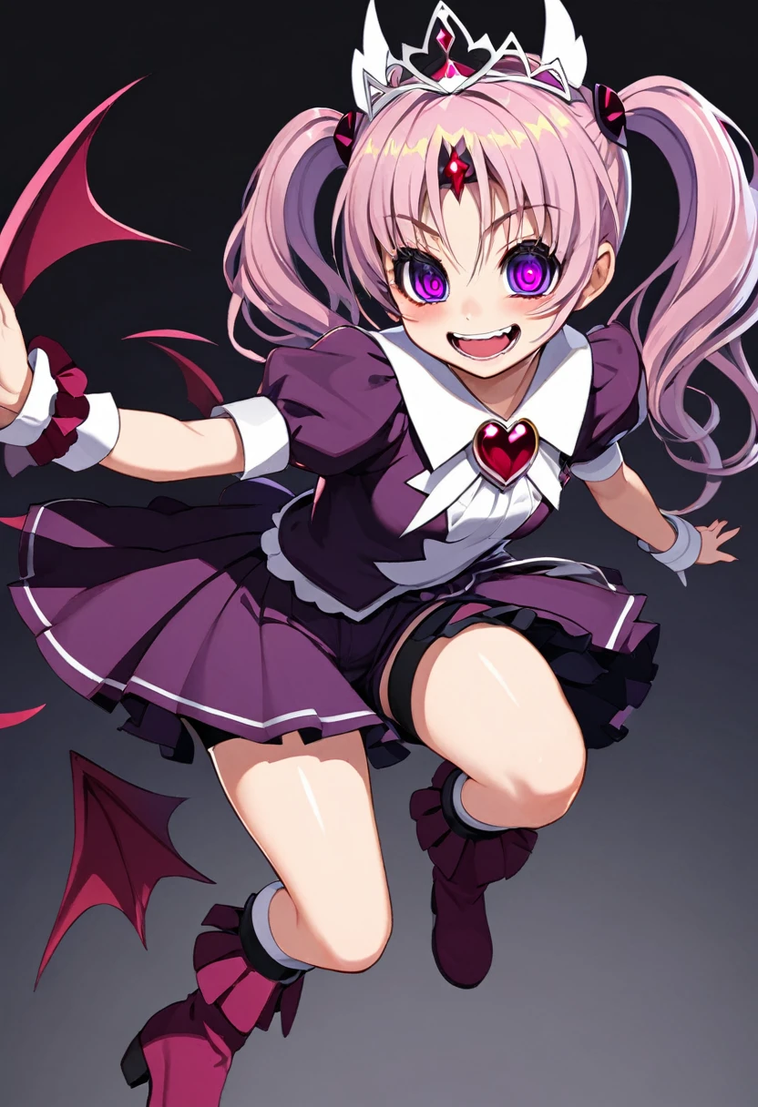 Cure Happy, Twin tails, Devil Wing Hair Ornament, skirt, tiara, Wrist cuff, Dark purple shorts, shorts under skirt, boots, , Hollow Eyes, Half-closed eyes, Wicked Smile, Crazy Smile, Open your mouth, One girl, Dark Magical Girl,Evil Fallen Magical Girl,Dark Background,Cast a Shadow,Highest quality,