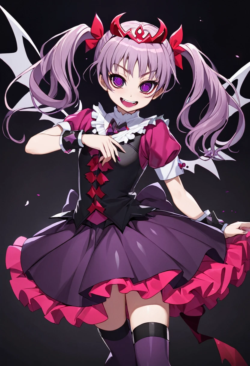 Cure Happy, Twin tails, Devil Wing Hair Ornament, skirt, tiara, Wrist cuff, Dark purple shorts, shorts under skirt, boots, , Hollow Eyes, Half-closed eyes, Wicked Smile, Crazy Smile, Open your mouth, One girl, Dark Magical Girl,Evil Fallen Magical Girl,Dark Background,Cast a Shadow,Highest quality,