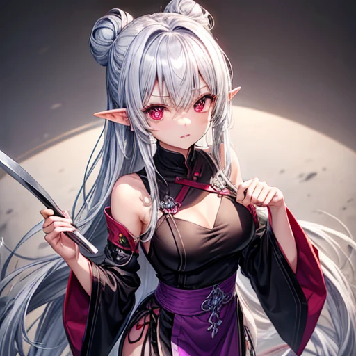 expensive、Slim figure。
- Long silver hair tied back。
- Sharp red eyes、Always keep a calm expression。
- Gorgeous black and purple chef uniform Brown skinned elf