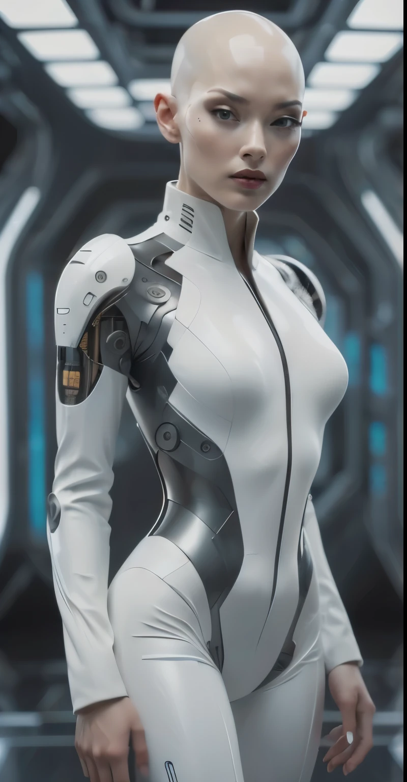 Ultra tall ultra beautiful tech fashion woman, high cheekbones, white fabric, white plastic suit cover, futuristic tech design skin, tech imbedded in suit fabric, standing in transporter holodeck, full body shot, closeup, model dance, dynamic pose, sci fi, a highly detailed cyberpunk male cyborg with a completely bald head, realistic human features, and intricate mechanical components and wires integrated seamlessly into the head. The cyborg has a mechanical mask covering the mouth and jaw area, and a serious expression. The setting is a dystopian, industrial environment with a soft background blur.