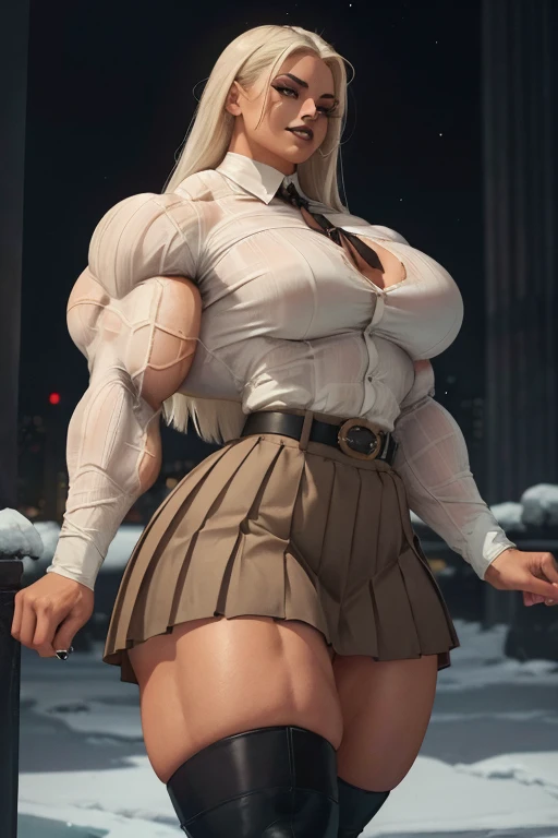 ((((Massive tall, beautiful, buff, light brown skinned muscular woman with white hair, ginormous bulky muscles and wearing an all black long-sleeved turtleneck sweater with a beautiful pleated skirt)))), (close view), (massive muscles), long straight hair, ((chained belt)), blue eyes, choker, ((black turtleneck sweater)), (beautiful pleated skirt), belt, black boots, (in the star filled beautiful village), closed smile, night, ginormous muscles