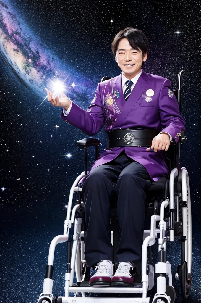 A Japanese man in a decorated wheelchair flies through a sparkling galaxy with a smile