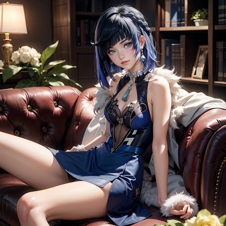 Yelan_(genshin impact), 1girl, white roses, ornament hair, white rose on her hair, short hair, navy short skirt, navy dress, skirt with layers, frills, navy laces, ta style, navy hair, seat on a sofa, modernist home style, loliress, navy dress, more details on her clothes, golden details, night, smiling, solo, alone, jewelry, living room scenery, clean house style