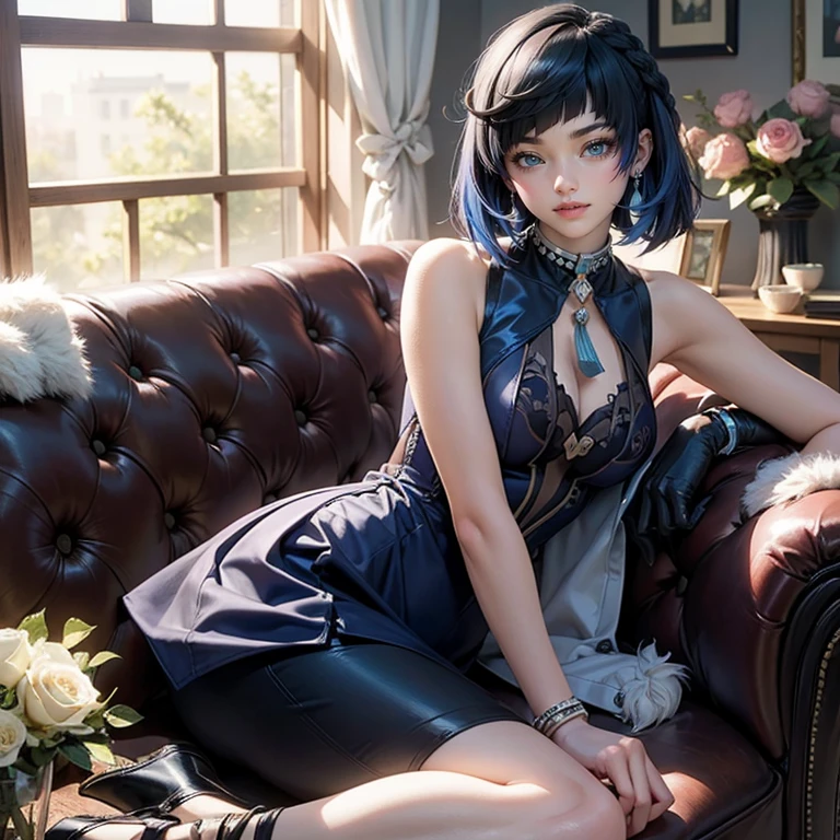 Yelan_(genshin impact), 1girl, white roses, ornament hair, white rose on her hair, short hair, navy short skirt, navy dress, skirt with layers, frills, navy laces, ta style, navy hair, seat on a sofa, modernist home style, loliress, navy dress, more details on her clothes, golden details, night, smiling, solo, alone, jewelry, living room scenery, clean house style