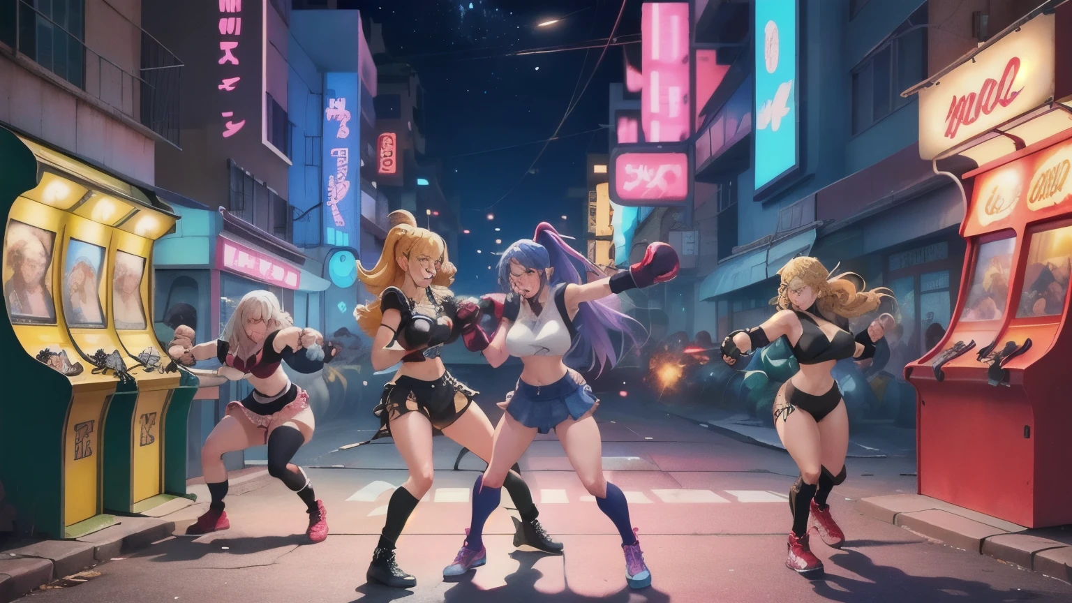 ((best qualityer)), ((work of art)), (detailded), (best qualityer),(detailded), 4 girls on a dark street, cute faces, faces, Kawaii faces, fighting against lots of punks, beat n' up style, camera lateral, video game retro, neon city, fighting game, visual retro, final fight style game, streets of rage, Anime Arcade Beat Em Up, fighting thugs, fighting mendigos, fighting punks, cute girls, kawaii, hardcore; beautiful, fighters, Retro Game