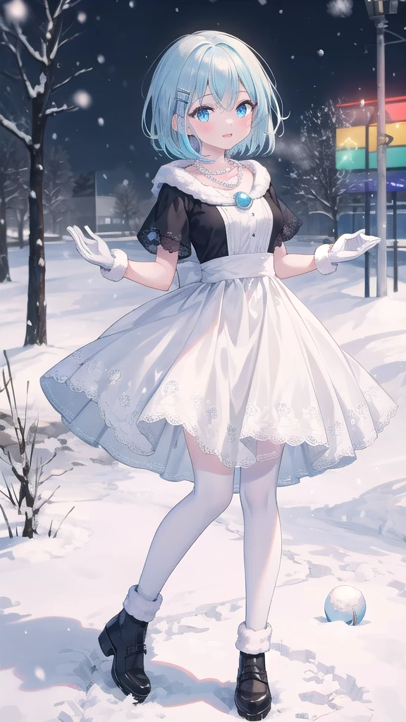 (8K, best quality, master piece: 1.2),super high resolution,1 girl, solo, full body ,ultra-detailed face, silme, Rainbow hair, thin hair clip, cyan colorshift eyes, expressive eyes, Ecstatic expression, Vintage dress, cotton, lace, pale blue, cream, lace gloves, pearl necklace, Winter snow scene, white, blue, silver, bright but cold