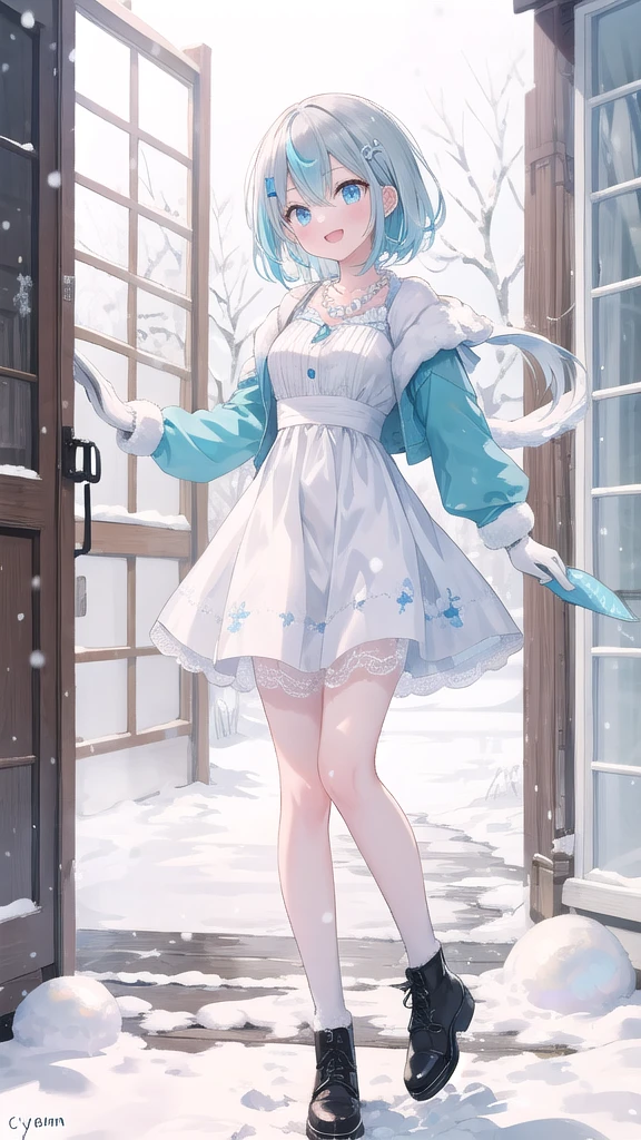 (8K, best quality, master piece: 1.2),super high resolution,1 girl, solo, full body ,ultra-detailed face, silme, Rainbow hair, thin hair clip, cyan colorshift eyes, expressive eyes, Ecstatic expression, Vintage dress, cotton, lace, pale blue, cream, lace gloves, pearl necklace, Winter snow scene, white, blue, silver, bright but cold