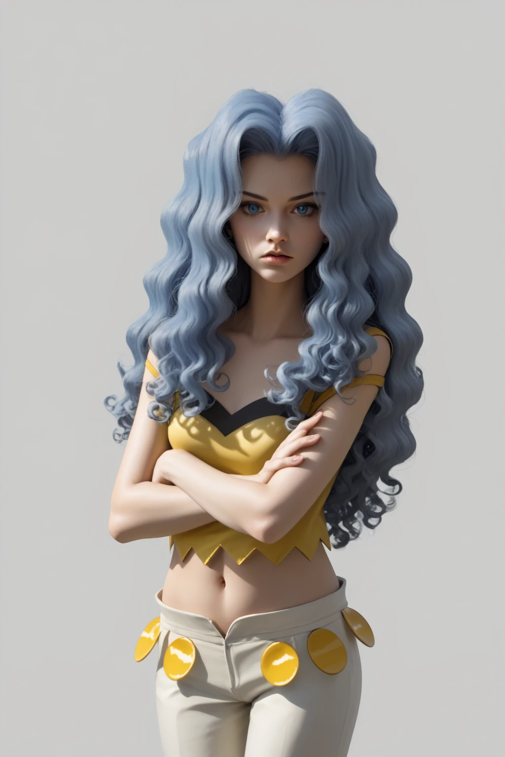 woman, long hair, curly hair, wavy hair, voluminous hair, blue hair, light eyes, blue eyes, karen, pkmnKaren, white background, woman with arms crossed looking at you, yellow crop top, yellow crop top, white pants, woman standing, the woman is standing facing you, shadows on the woman, dark shadows