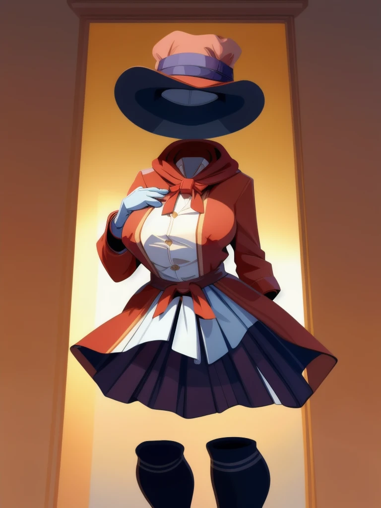 1girl, gloves, gradient background, hat, hood up, invisible, large breasts, loafers, omurice, painting of victorian era invisible man, pleated skirt, pocket, shirt, shoes, solo
,high quality, best quality, uhd, detailed image,
(flat colors, lineless, cel shading, white countershading:1.2), masterpiece, highres, by haps, Cory Loftis, Yuumei, by braeburned, by Tom Whalen, by Shiitakemeshi, by Pino Daeni, (white background, solo focus, depth of view:1.1)
