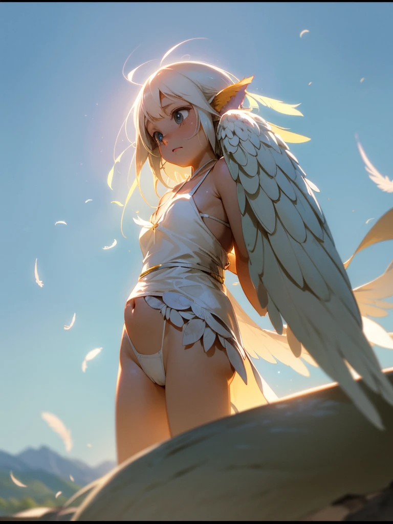 (Sumilux f1.4 24mm , low Latitude old color negative film , cross process , bokeh, flare, chromatic aberration , soft focus, (Shallow focus) , soft glow , Maximum aperture, High Key , Transparent depiction) , Wide angle , anime Harpy girl , kawaii round face , skinny body , Loose-fitting Halter neck , Many feathers fluttering down , looking away , clothed erotica , Opera singer pose , on the The peak of the rock , Strong winds , Cloaca , splash White excrement , Hide with feathers
