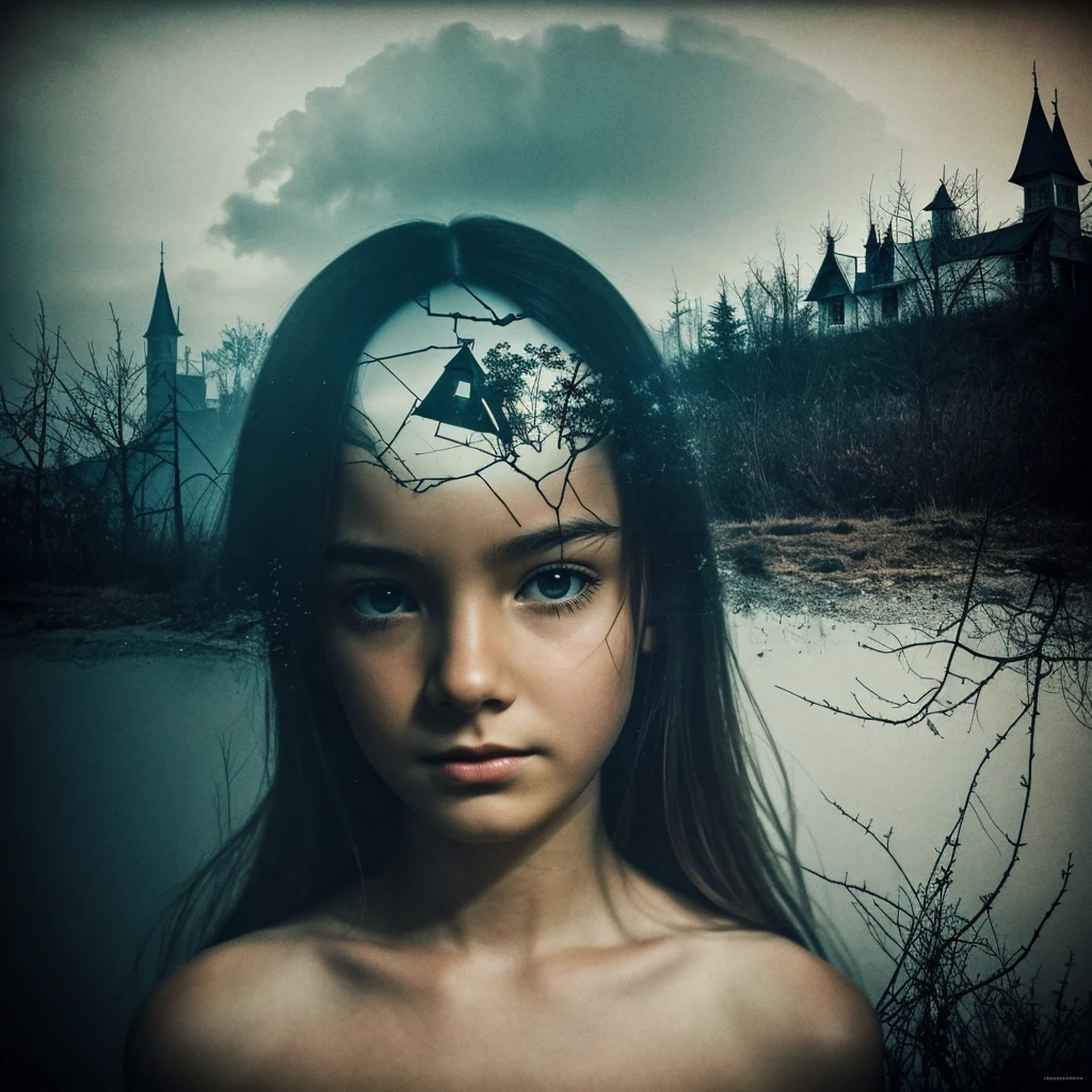 A hauntingly beautiful artwork featuring fragmented images of a traumatic childhood moment, with disconnected cutouts that evoke a sense of disarray and confusion. The double exposure effect (1.5) creates a dreamlike atmosphere, while the minimalist style and disturbing surrealism evoke a feeling of unease. The presence of an eerie smile and an ominous visual key add to the unsettling ambiance. This elegant drama, reminiscent of poster art, captures the essence of a painful memory and its lasting impact on the soul.