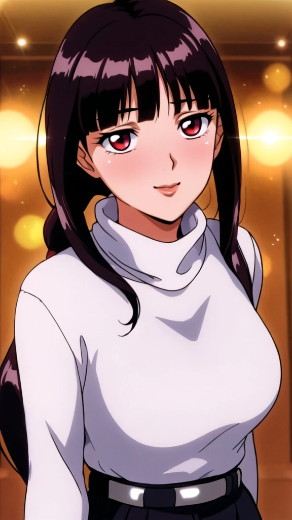 white turtleneck, black pencil shirt,black long skirt,white belt,hair ornament, hair scrunchie,low ponytail,
long hair,bangs, black hair, blunt bangs,big red eyes,alone, 1 girl,Young female, 18 years old, very cute, smile, Beautiful Finger,Beautiful long legs,Beautiful body,Beautiful Nose,Beautiful character design, perfect eyes, perfect face,expressive eyes, looking at viewer, in the center of the image,(light smile:0.5), official art, indoor, portrait, perfect lighting,Colorful, Bright_Front_face_Lighting,shiny skin, (masterpiece:1.0),(best quality:1.0), ultra high res,4K,ultra-detailed, photography, 8K, HDR, highres, absurdres:1.2, Kodak portra 400, film grain, blurry background, bokeh:1.2, lens flare, (vibrant_color:1.2), (beautiful face), (curvy body), ashamed, blushing, glossy red lips, glossy red rouge, jealousy, SFW, seductive, charming,