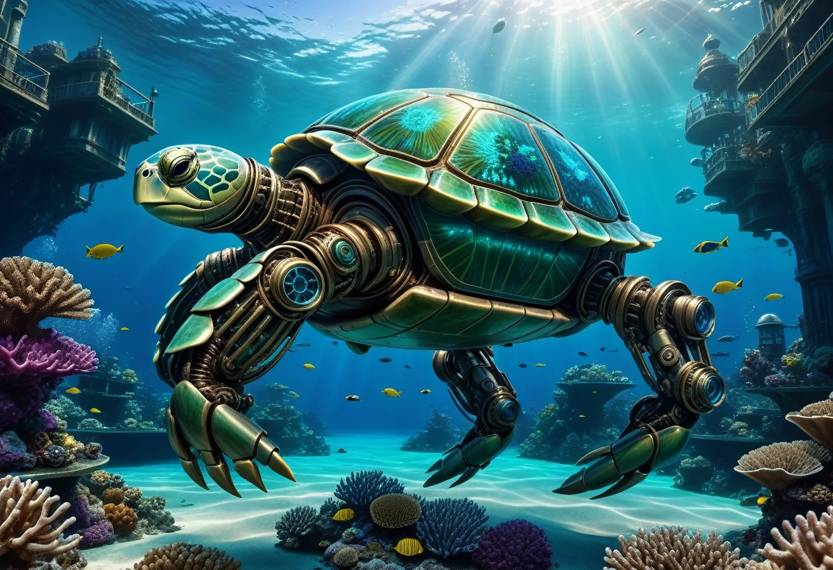 a huge full metal android robot turtle, carrying a futuristic underwater city on its back, detailed mechanical exoskeleton, intricate gears and joints, advanced technology, underwater sci-fi landscape, bioluminescent coral reefs, shimmering blue-green ocean, dramatic lighting, photorealistic, 8k, cinematic composition, digital art, concept art