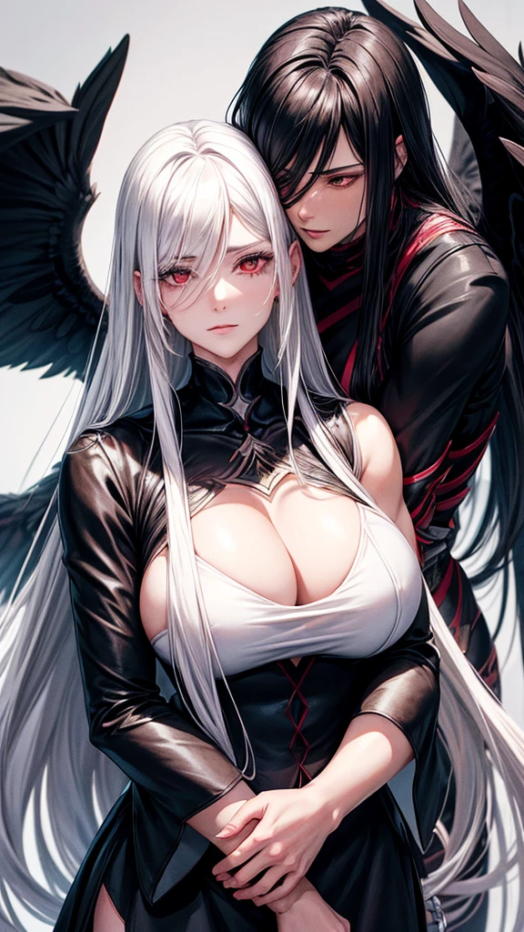 Draw me anime of a mature woman with long white hair,she had a red eye,beside her there was muscular man with short black hair,and black wings behind him. They're hugged each other, background aesthetic behind them