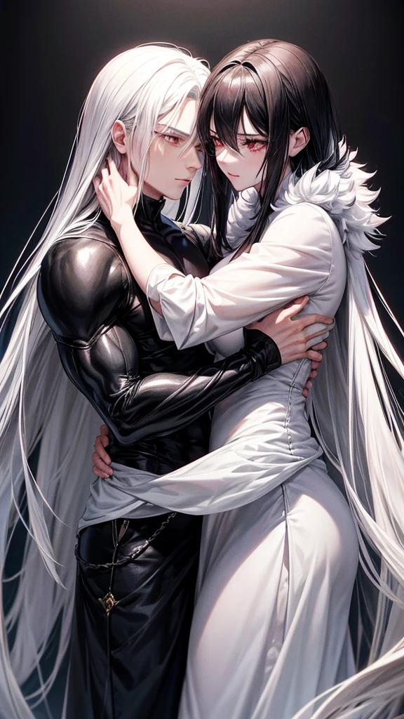 Draw me anime of a mature woman with long white hair,she had a red eye,beside her there was muscular man with short hair colour black,and black wings behind him. They're hugged each other, background aesthetic behind them