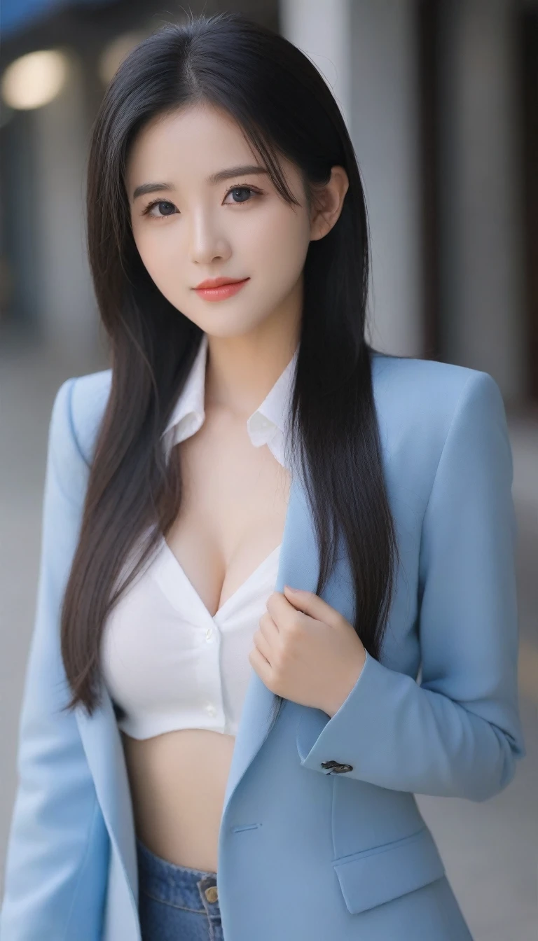 8k, Ultra-high resolution, Highest quality, masterpiece, Rule of thirds photograph,surreal, photograph, 1 Girl, (:1.3), pretty girl, Cute face, Beautiful eyes in every detail, detailed,masterpiece,One Girl:1.2, Japan Female,Tabletop,glare,Black Hair,Slicked back hair,blazer uniform,White collared blouse,The chest buttons are open,Sharp focus、Perfect dynamic composition、Beautiful and detailed、Thin Hair、Realistic skin texture with attention to detail、smile、Close-up portrait、Model Body Type,Looking at the audience、beauty,(((Ideal body type))),(D-cup breasts :1.9),((pale blue eyes:1.8)),((black hair:1.5)),Portraiture:2、Perfect Anatomy、detailed、detailed、surreal、Light and shadow,Strong light