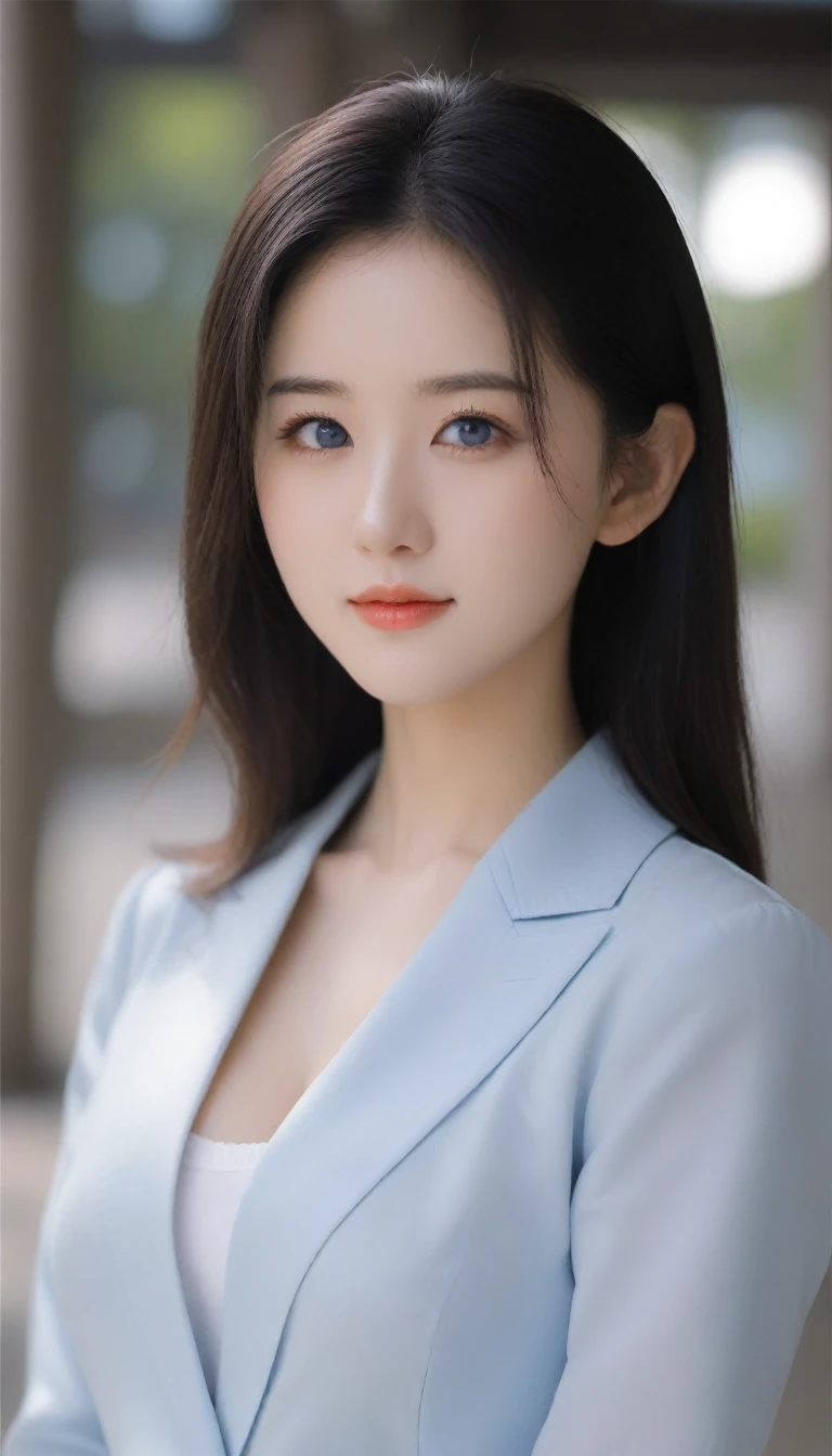 8k, Ultra-high resolution, Highest quality, masterpiece, Rule of thirds photograph,surreal, photograph, 1 Girl, (:1.3), pretty girl, Cute face, Beautiful eyes in every detail, detailed,masterpiece,One Girl:1.2, Japan Female,Tabletop,glare,Black Hair,Slicked back hair,blazer uniform,White collared blouse,The chest buttons are open,Sharp focus、Perfect dynamic composition、Beautiful and detailed、Thin Hair、Realistic skin texture with attention to detail、smile、Close-up portrait、Model Body Type,Looking at the audience、beauty,(((Ideal body type))),(D-cup breasts :1.9),((pale blue eyes:1.8)),((black hair:1.5)),Portraiture:2、Perfect Anatomy、detailed、detailed、surreal、Light and shadow,Strong light