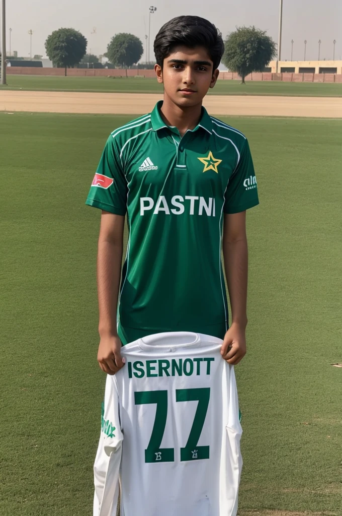 One young boy wearing Pakistan T shirt sitting in cricket ground 