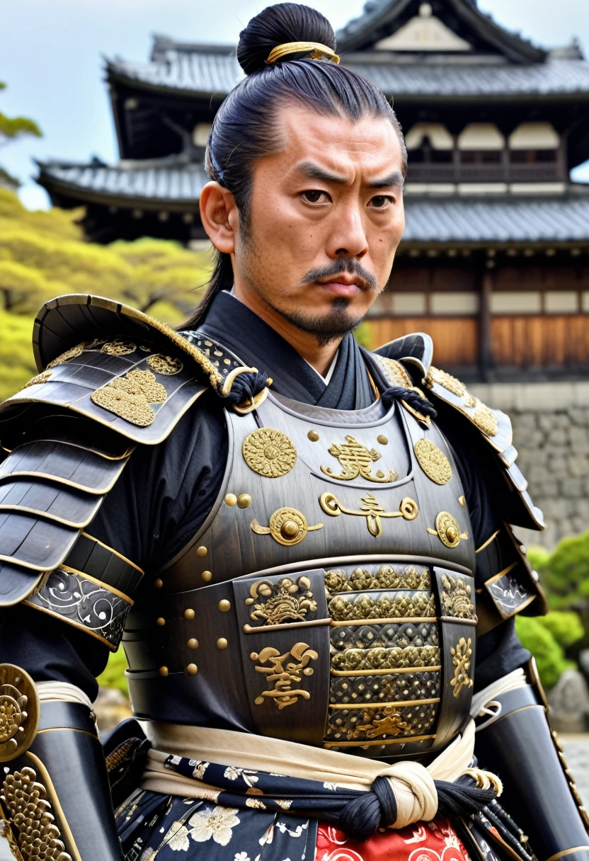 Dressed in traditional samurai armor with intricate designs、Famous Japanese historical figures、Detailed images of Toyotomi Hideyoshi、He has a topknot and a stern expression.、Has an intimidating presence。The background is a traditional Japanese castle