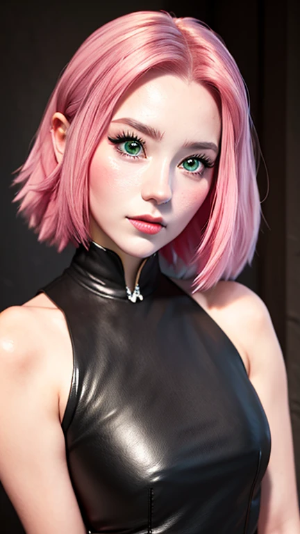 young woman, long pink hair, wide forehead, porcelain skin, pink eyebrows, big emerald green eyes, buttoned nose, thick lips, heart-shaped face, slender body, small breasts, pink leather dress, Sakura Haruno, realistic, realism black details 3d
