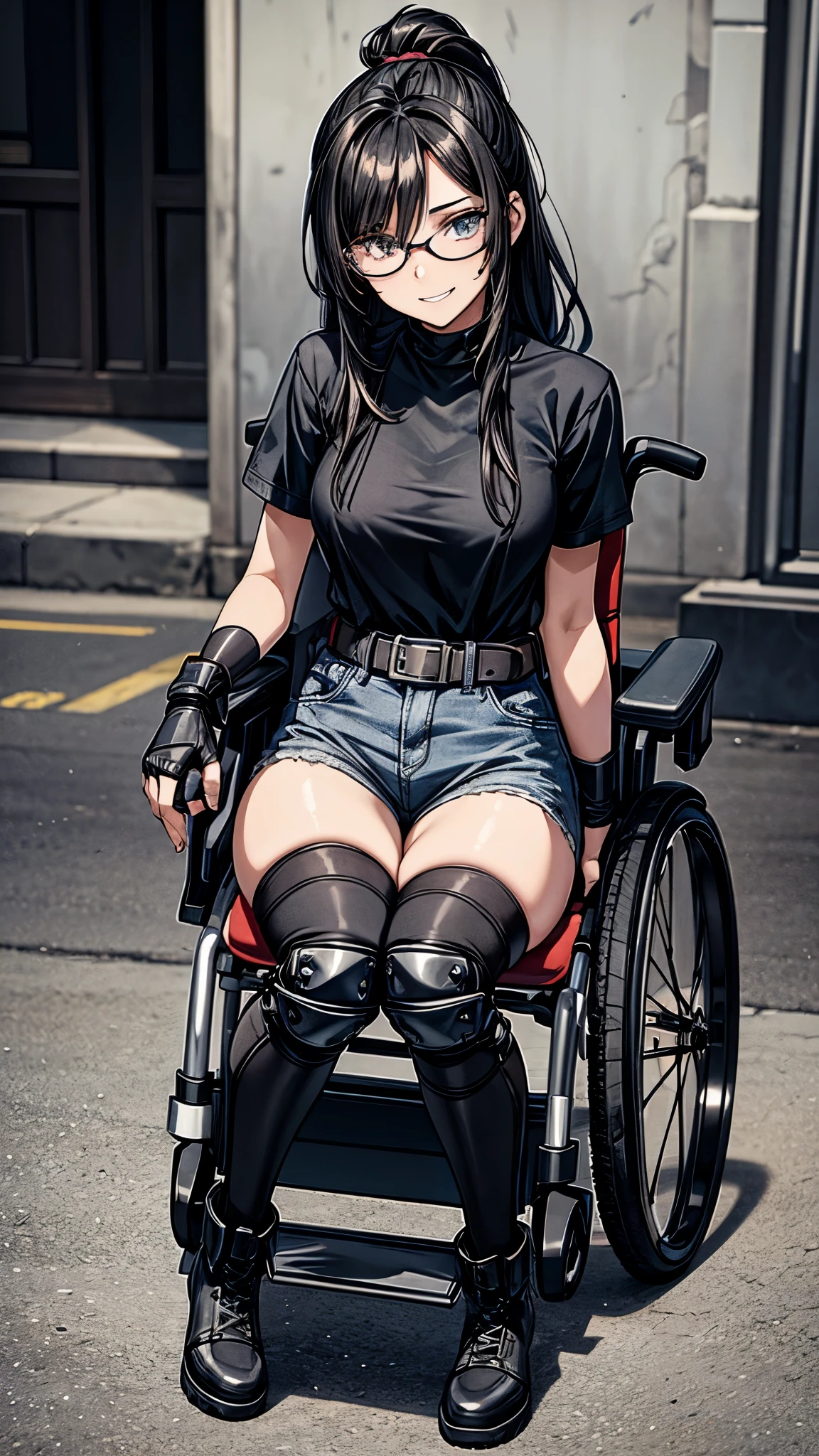 One 19 years old girl,girl in electric wheelchair,eight heads tall,black messy hair,black middle hair,hair over eyes,glasses,dark,it hurts,scary,nervous eyes,grin,she’s riding a electric wheelchair,legs in cast,leg brace,leg brace,black meshed tops,short sleeves,micro shorts,lace up long boots,fingerless glove,knee pads,elbow pads.the girl secured with many belts.