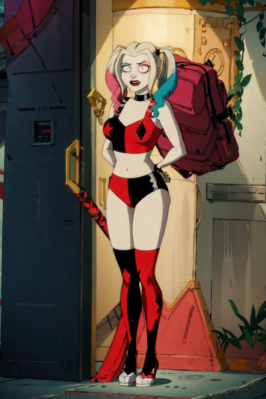 ((Full body photo, standing, feet on the ground)) (8k uhd, masterpiece, best quality, high quality, absurdres, ultra-detailed), 1girl,  ((perfect eyes)), vivid colors, intense colors, cartoon style, harleyquinn, large breasts, cleavage, ((happy expression:1))