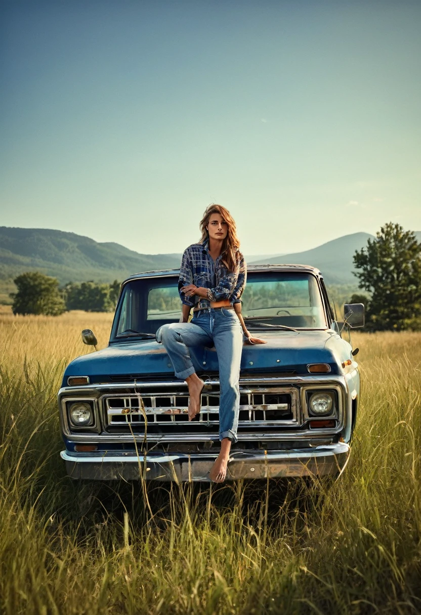 A stunning medium range shot photo by Steven Klein of a young supermodel in flannel shirt and denim pants perched atop an old, weathered blue matte pickup truck. She exudes confidence and grace as she poses barefoot amidst tall wild grass. The rustic fence and quaint farmhouse in the background hint at a serene countryside setting. A majestic mountain row looms in the distance, adding depth and scale to the scene. The overall atmosphere of the photo is natural and serene, capturing the essence of a perfect summer day., photo