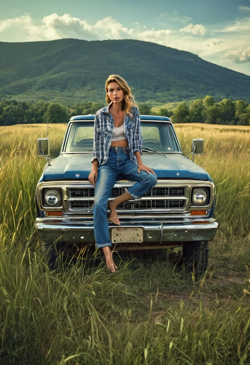 A stunning medium range shot photo by Steven Klein of a young supermodel in flannel shirt and denim pants perched atop an old, weathered blue matte pickup truck. She exudes confidence and grace as she poses barefoot amidst tall wild grass. The rustic fence and quaint farmhouse in the background hint at a serene countryside setting. A majestic mountain row looms in the distance, adding depth and scale to the scene. The overall atmosphere of the photo is natural and serene, capturing the essence of a perfect summer day., photo