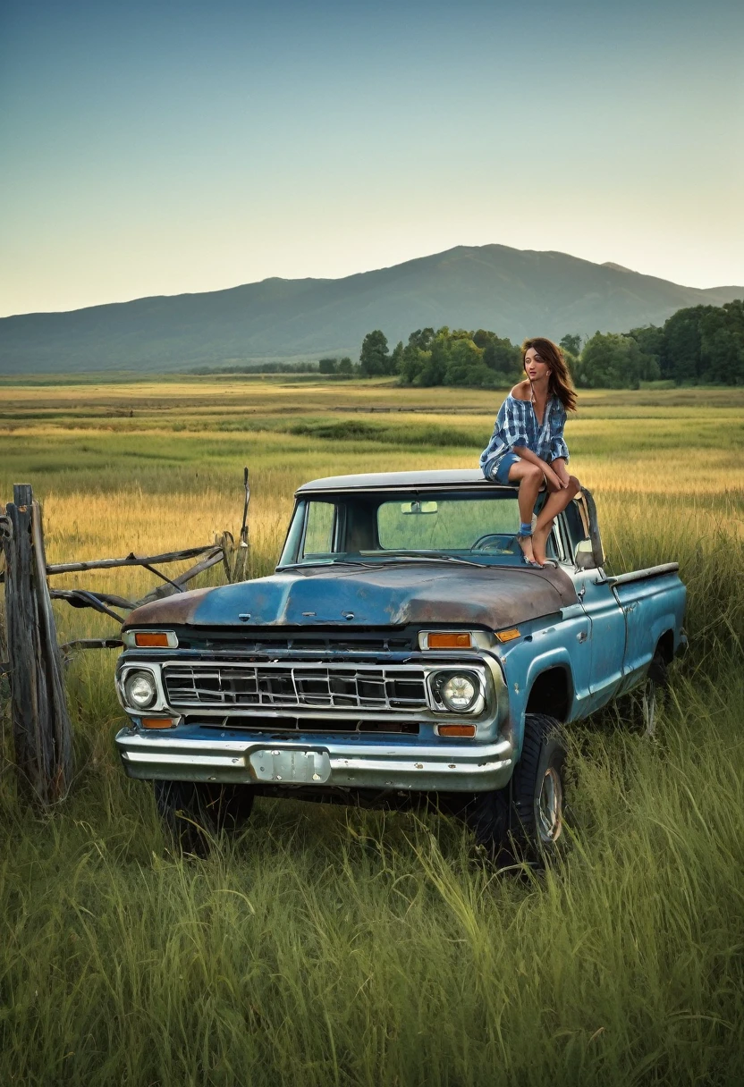 A stunning medium range shot photo by Steven Klein of a young supermodel in flannel shirt and denim pants perched atop an old, weathered blue matte pickup truck. She exudes confidence and grace as she poses barefoot amidst tall wild grass. The rustic fence and quaint farmhouse in the background hint at a serene countryside setting. A majestic mountain row looms in the distance, adding depth and scale to the scene. The overall atmosphere of the photo is natural and serene, capturing the essence of a perfect summer day., photo