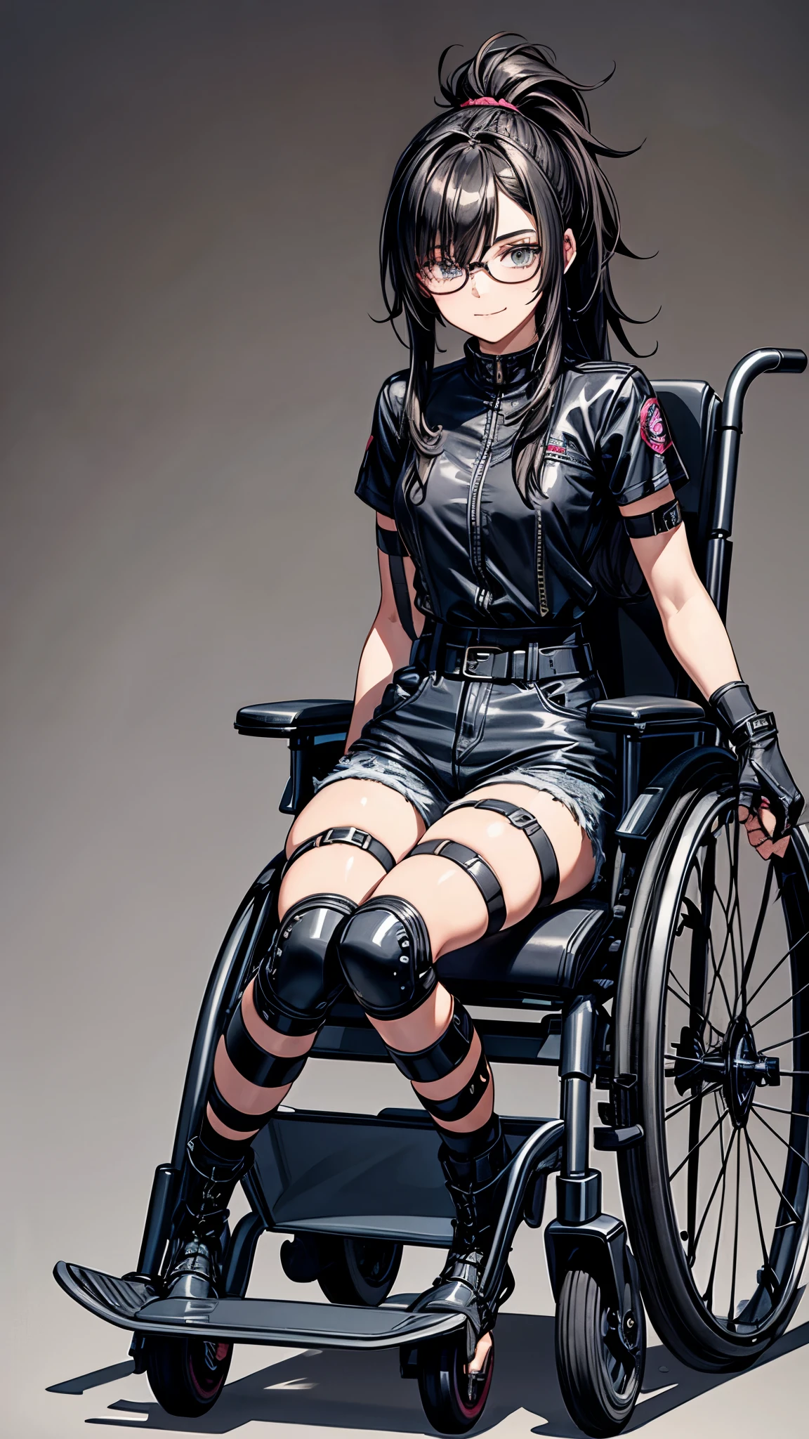 One 19 years old girl,girl in electric wheelchair,eight heads tall,black messy hair,black middle hair,hair over eyes,glasses,dark,it hurts,scary,nervous eyes,grin,she’s riding a electric wheelchair,legs in cast,leg brace,leg brace,black meshed tops,short sleeves,micro shorts,lace up long boots,fingerless glove,knee pads,elbow pads.the girl secured with many belts.