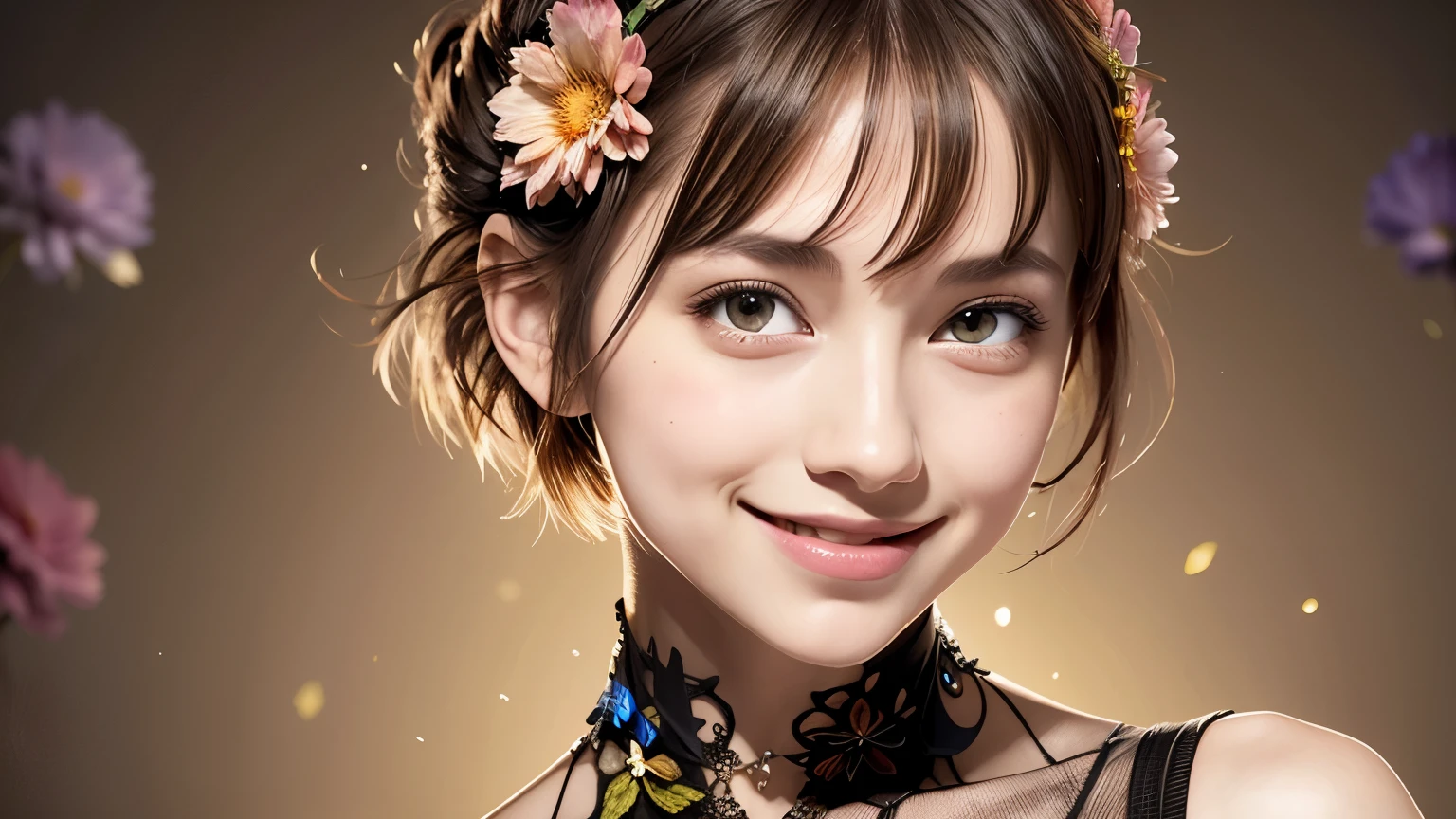 257 20-year-old female, (short hair),(Abstract background,Fractal Art), smile, flower