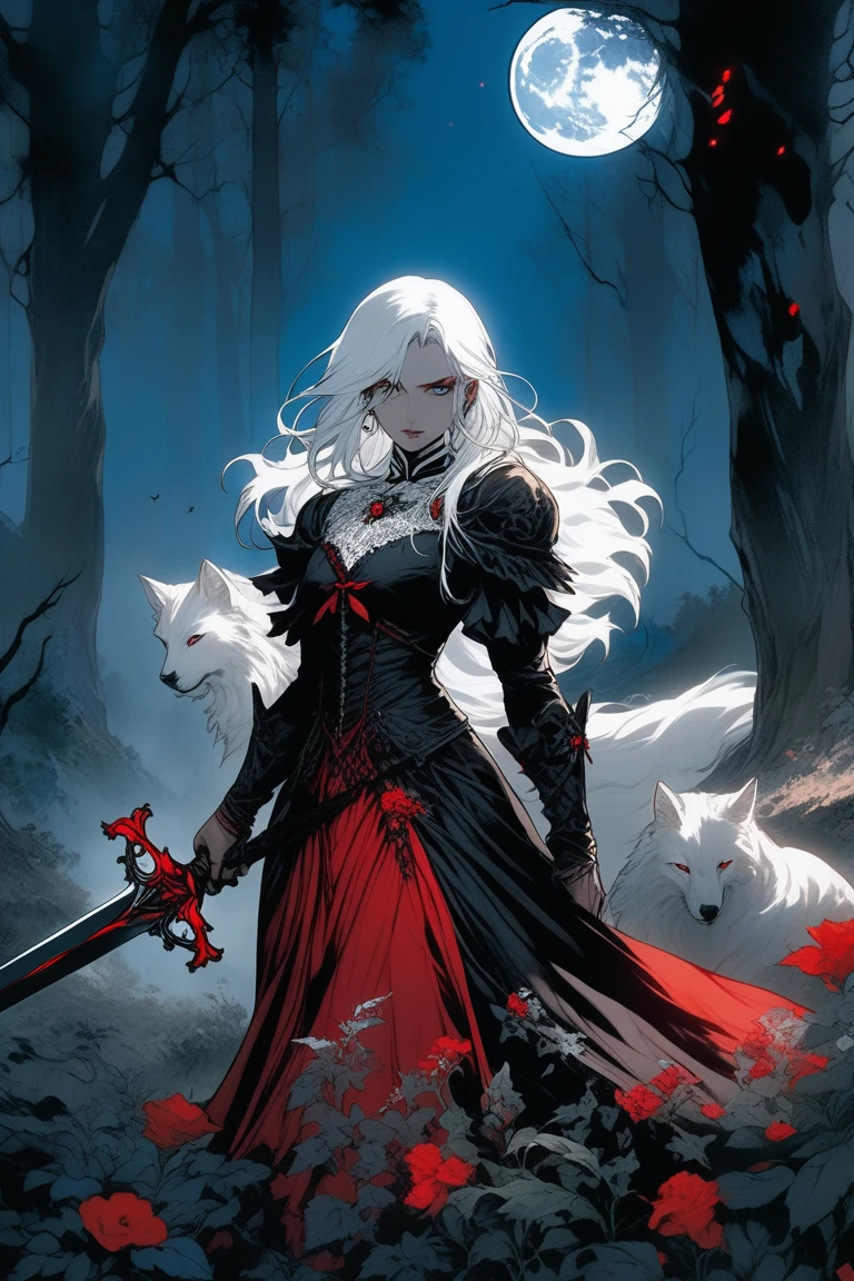 A woman with white hair and a white and red dress with bright blue eyes, holding a broken sword, in a forest at night with red flowers, moon light, gothic dress, lace trim, tone mapped, detailded, highly detailded, digitalpainting, art station, conceptual artwork, Soft, sharp focus, beautiful illustration, photoshot, dramatic lighting, FOG, plein-air, dense forest, (natural background), intricate, film grain, proffesional, taken by a canon eos r5, facing at viewer)
