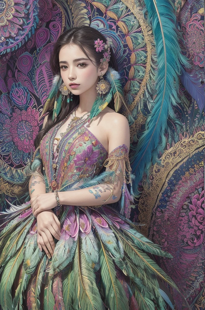 (masterpiece, top quality, best quality, official art, beautiful and aesthetic:1.2), (1girl:1.3), extremely detailed,(fractal art:1.1),(colorful:1.1)(flowers:1.3),highest detailed,(zentangle:1.2), full body, (abstract background:1.3), (shiny skin), (many colors:1.4), ,(earrings), (feathers:1.5),