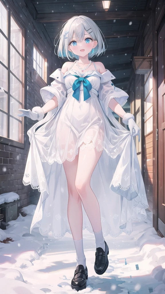 (8K, best quality, master piece: 1.2),super high resolution,1 girl, solo, full body ,ultra-detailed face, silme, ash hair, thin hair clip, cyan colorshift eyes, expressive eyes, Ecstatic expression, Vintage dress, cotton, lace, pale blue, cream, lace gloves, pearl necklace, Winter snow scene, white, blue, silver, bright but cold