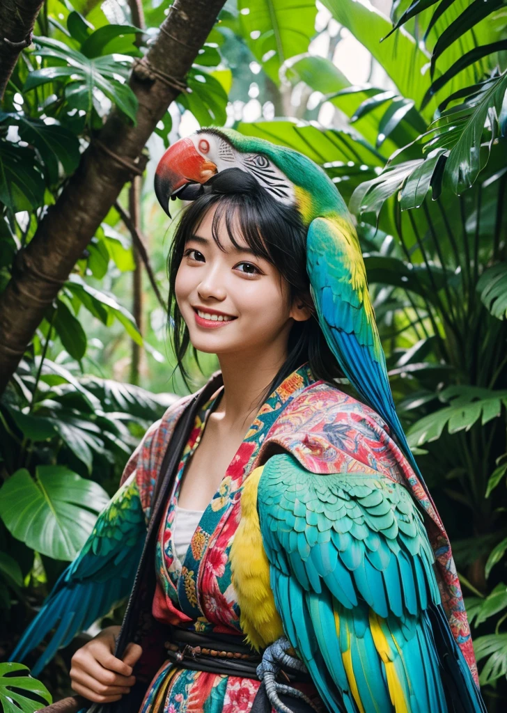 Diffuse lighting、 Highest quality, High resolution, unity 8k wallpaper、Supersaturation, Colorful, 8k resolution, 1 female、Japanese、23 years old、Close-up portrait、Adorable, smile、looks fun、tropical rain forest,カラフルなParrot、かわいいbirdに囲まれて、Parrot、bird、 High resolution, Cowboy Shot
