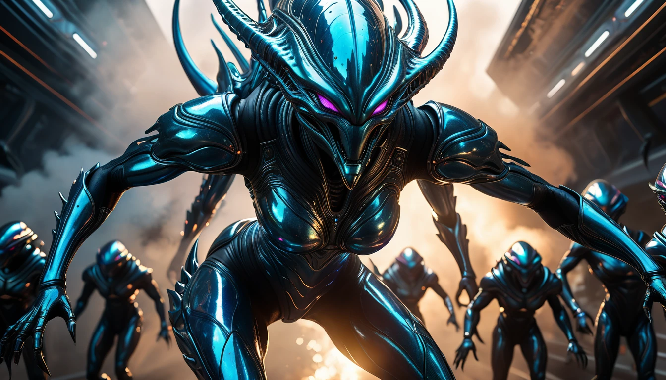 "Realistic 3D rendering of a 10-foot-tall bodybuilding Colossal Giant Alien Queen of the ARCTURIAN race, dressed in an 8k iridescent coloring bionic suit with intricate details, leading a group of smaller aliens invading Earth. The queen alien is imposing and powerful, with an expression of great hatred. Everyone is exiting a damaged Space Destroyer with laser weapons firing, with sparks, bright flames and smoke in the background. Kingshuk Mondal. both aliens to highlight the facial connection of anger"
