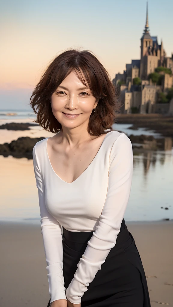 ((Highest quality)), ((8k)), ((masterpiece: 1.3)), (Perfect appearance), (Photorealism: 1.6), (夕日を背景にビーチを歩くJapanese women: 1.4), (Sandy beach at sunset), (The sea was dyed red by the setting sun), (The setting sun is dazzling), (Backlight), (Mont Saint-Michel can be seen in the background: 1.2), (KE), (JMA), Japanese women, (60 years old), ((Stand upright, Look forward, Center of screen)), ((Realistic skin texture)), (Fine wrinkles appear all over the skin: 1.3), (Dullness: 1.1), (Unmoisturized skin: 1.2) , (Facial wrinkles: 0.9), (Wrinkles around the eyes: 1.2), double eyelid, Lower eyelid tear trough, (Crying Mole: 0.9), The eyes are looking here, Serious gaze, (Dimples: 1.2), Laugh with the corners of your mouth wide open, Straight medium length, Hair blowing in the wind, Soft fabric blouse, (Transparent blouse: 1.3), (Voluptuous and glamorous body), (Wide sleeves), (Cuffs that fit your wrist), (The bottom of the blouse is tucked into the skirt: 1.2), (Long skirt: 1.2), (Bare feet wet with seawater), (whole body: 1.3), Angle from the feet: 1.2,
