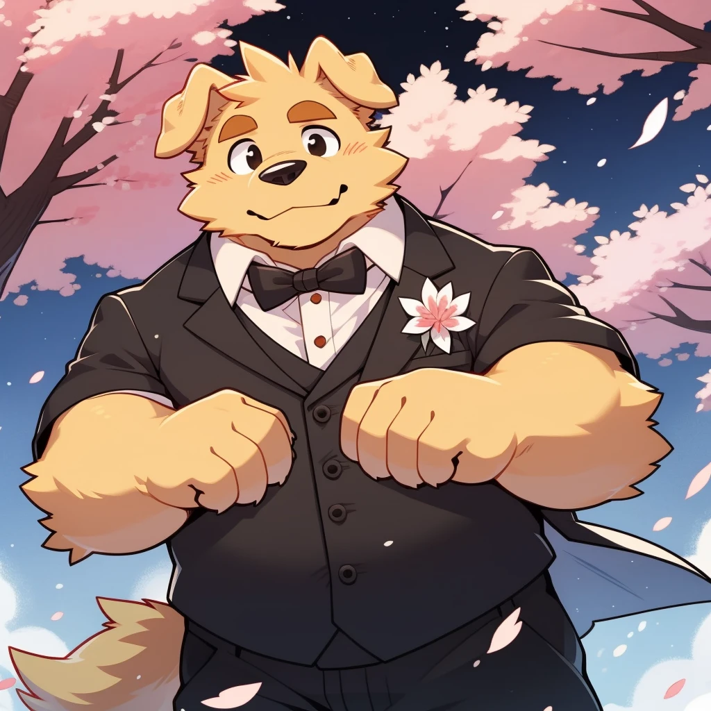 Scribble Golden Retriever face,Humanity(Golden Retriever),(Formal wear:1.3),Chubby,(Brown eyebrows:1.1),(Perfect black eyes),Cherry blossoms,Golden fur，Night Sky，（artist:Takemoto Arashi）