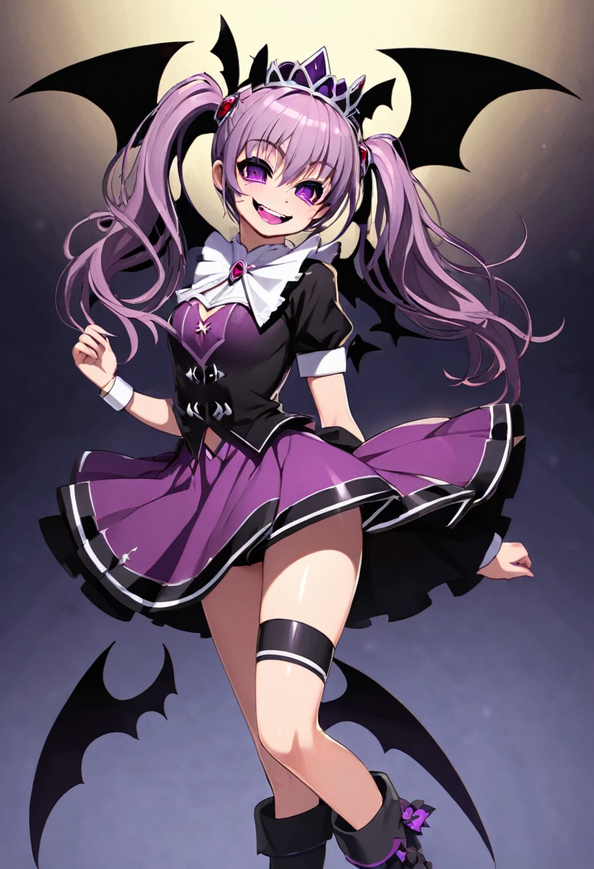 Cure Happy, Twin tails, Devil Wing Hair Ornament, skirt, tiara, Wrist cuff, Dark purple shorts, shorts under skirt, boots, , Hollow Eyes, Half-closed eyes, Wicked Smile, Crazy Smile, Open your mouth, One girl, Dark Magical Girl,Evil Fallen Magical Girl,Dark Background,Cast a Shadow,Highest quality,Skimpy,sexy,Sexy,Darkness Slaying,Villain　