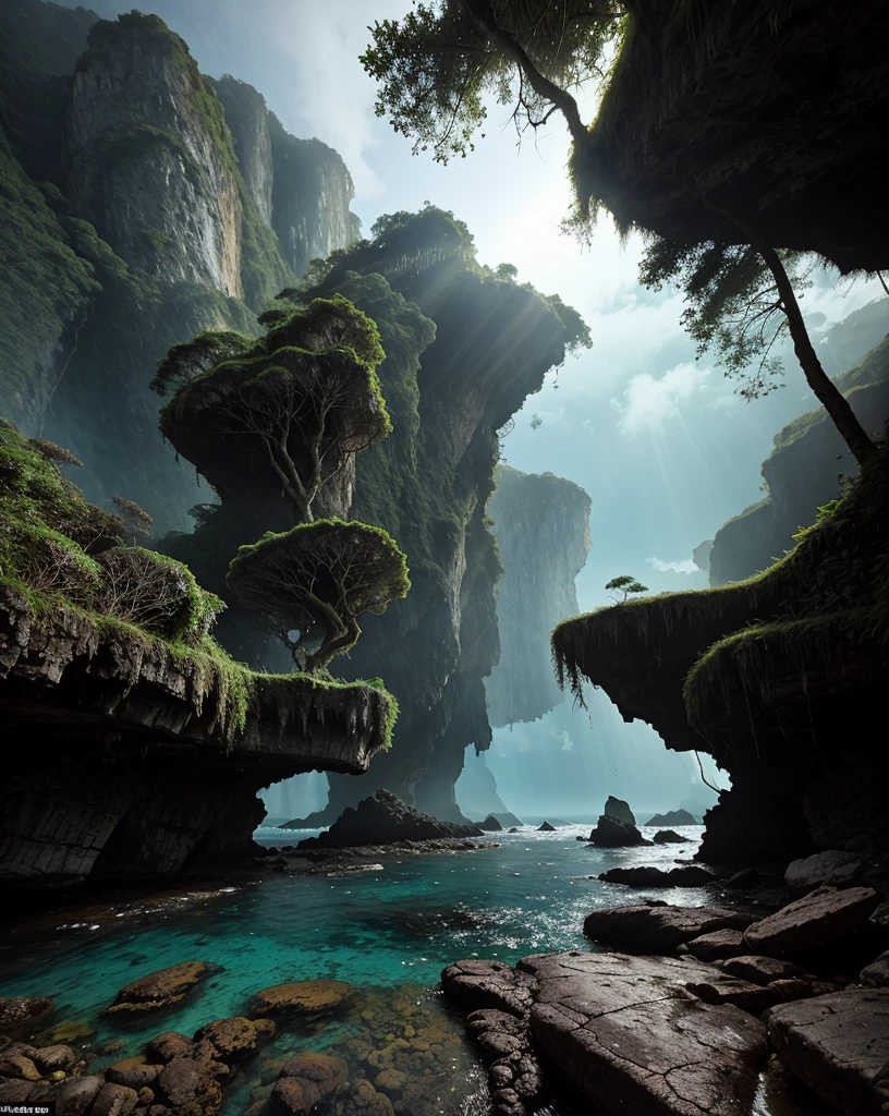a mysterious tropical island, lush green jungle, misty atmosphere, ancient ruins, crumbling stone structures, overgrown with vines, shafts of sunlight filtering through the canopy, weathered and mossy, mysterious ancient symbols, glowing crystals embedded in the rocks, gnarled and twisted tree roots, hidden underwater caves, bioluminescent plankton in the ocean, dramatic cliffs and coves, dramatic lighting, cinematic composition, moody and atmospheric, vibrant colors, photorealistic, ultra-detailed, masterpiece