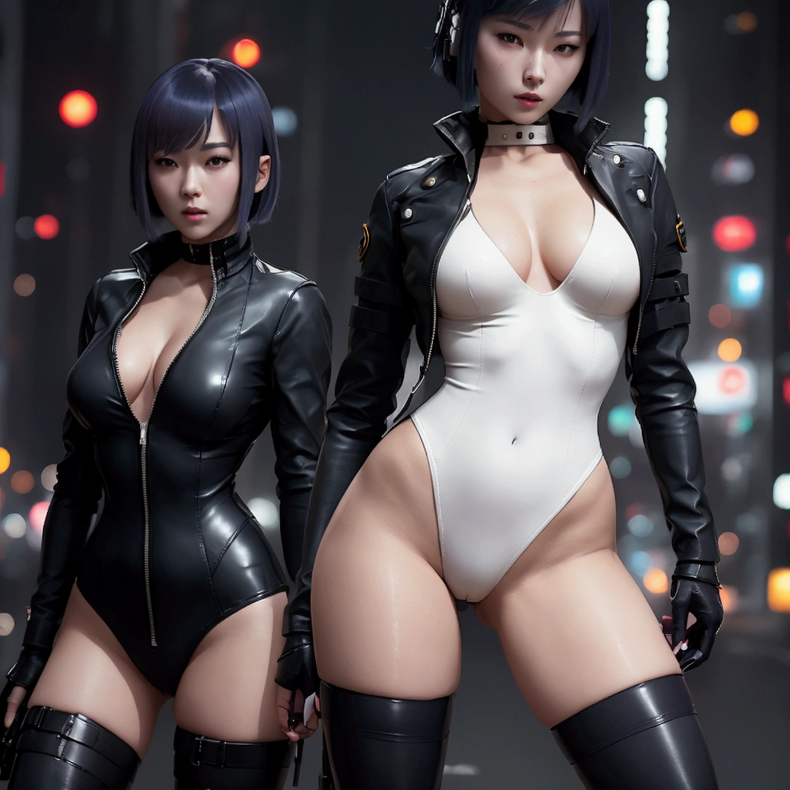 High resolution photo of a woman、Beautiful woman in a bare-chested white leotard、Dark blue bob hair、bangs、stockings、High heel boots、Holds a gun from the future、Black leather jacket、ghost in the Shell、Motoko Kusanagi、City of the Future、Wear a belt around your waist、Belt with bullets、Future Soldier、