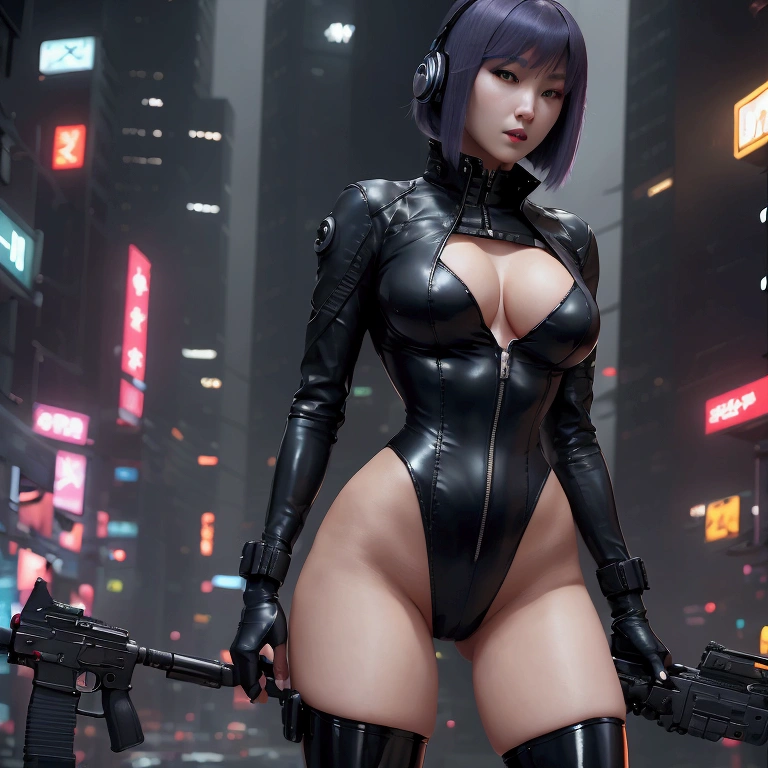 High resolution photo of a woman、Beautiful woman in a bare-chested white leotard、Dark blue bob hair、bangs、stockings、High heel boots、Holds a gun from the future、Black leather jacket、ghost in the Shell、Motoko Kusanagi、City of the Future、Wear a belt around your waist、Belt with bullets、Future Soldier、