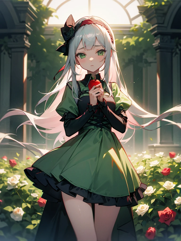 Bite an apple、Silver long-haired、Calm face、Light green eyes、
Rose miniskirt dress、Crimson Headband、virgin、
Rose Garden、Barbed wire