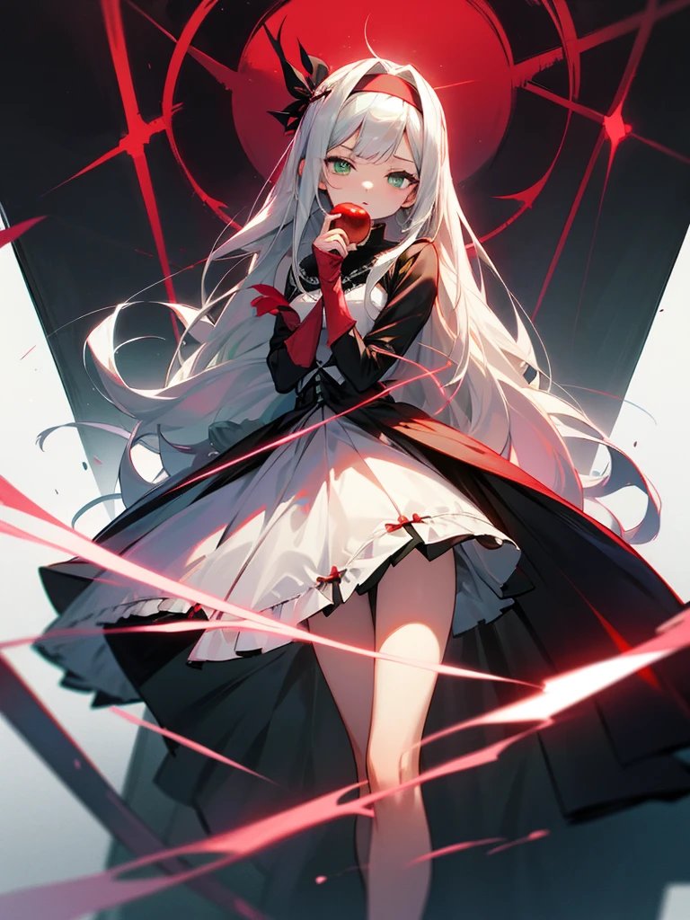 Bite an apple、Silver long-haired、Calm face、Light green eyes、
Rose miniskirt dress、Crimson Headband、virgin、
Rose Garden、Barbed wire