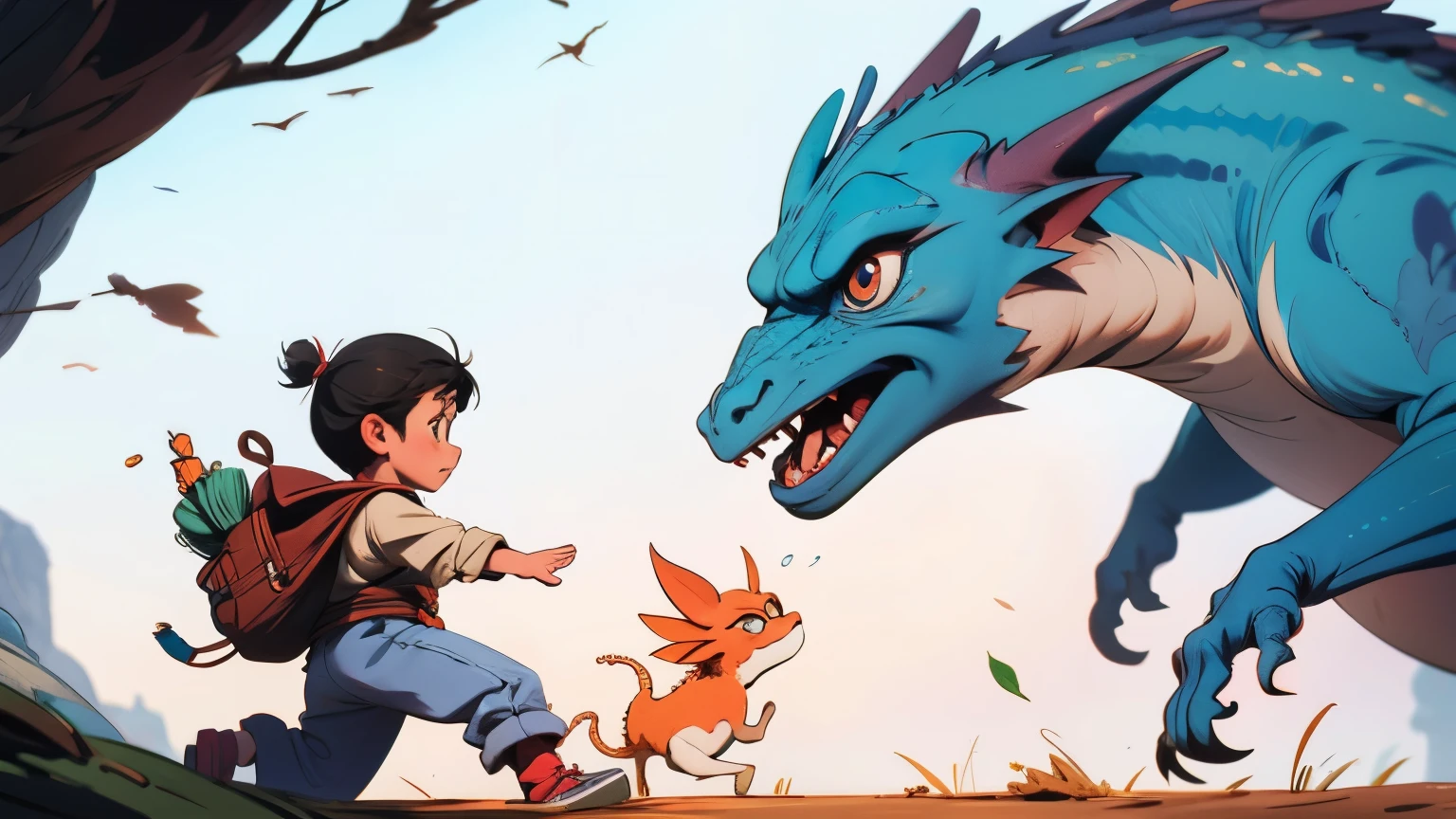 a and a little boy chasing a friendly dragon in a child's game.